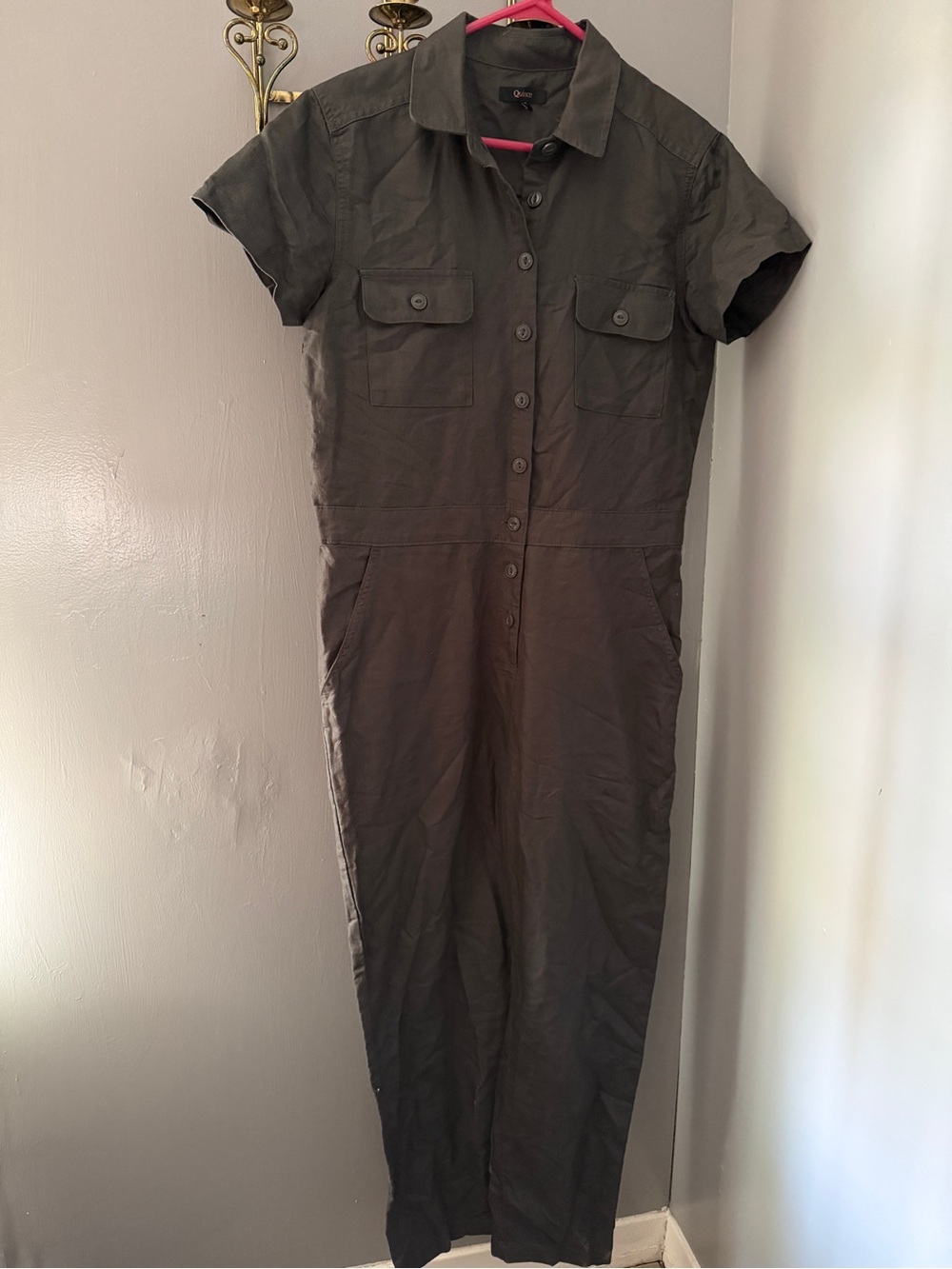 Quince Short-Sleeve Button-Front Utility Jumpsuit - grey linen cotton
